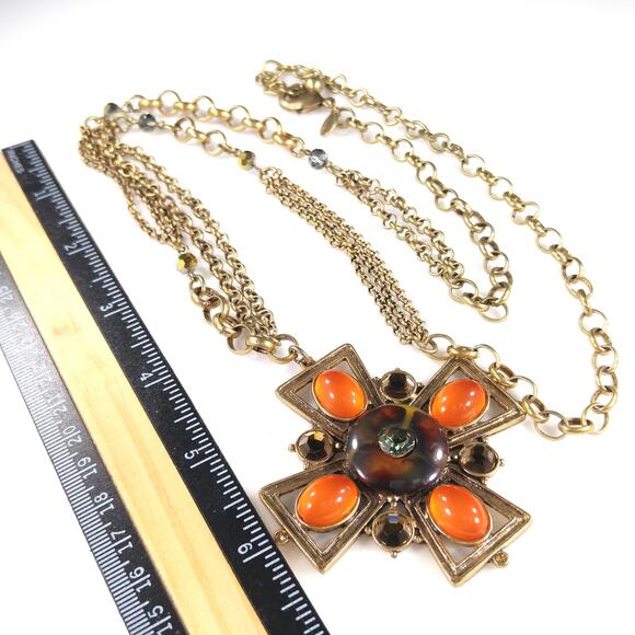 Chico's Maltese Cross Pendant Necklace, Orange Cabochons, Rhinestone, 35" Chain - Picture 6 of 11